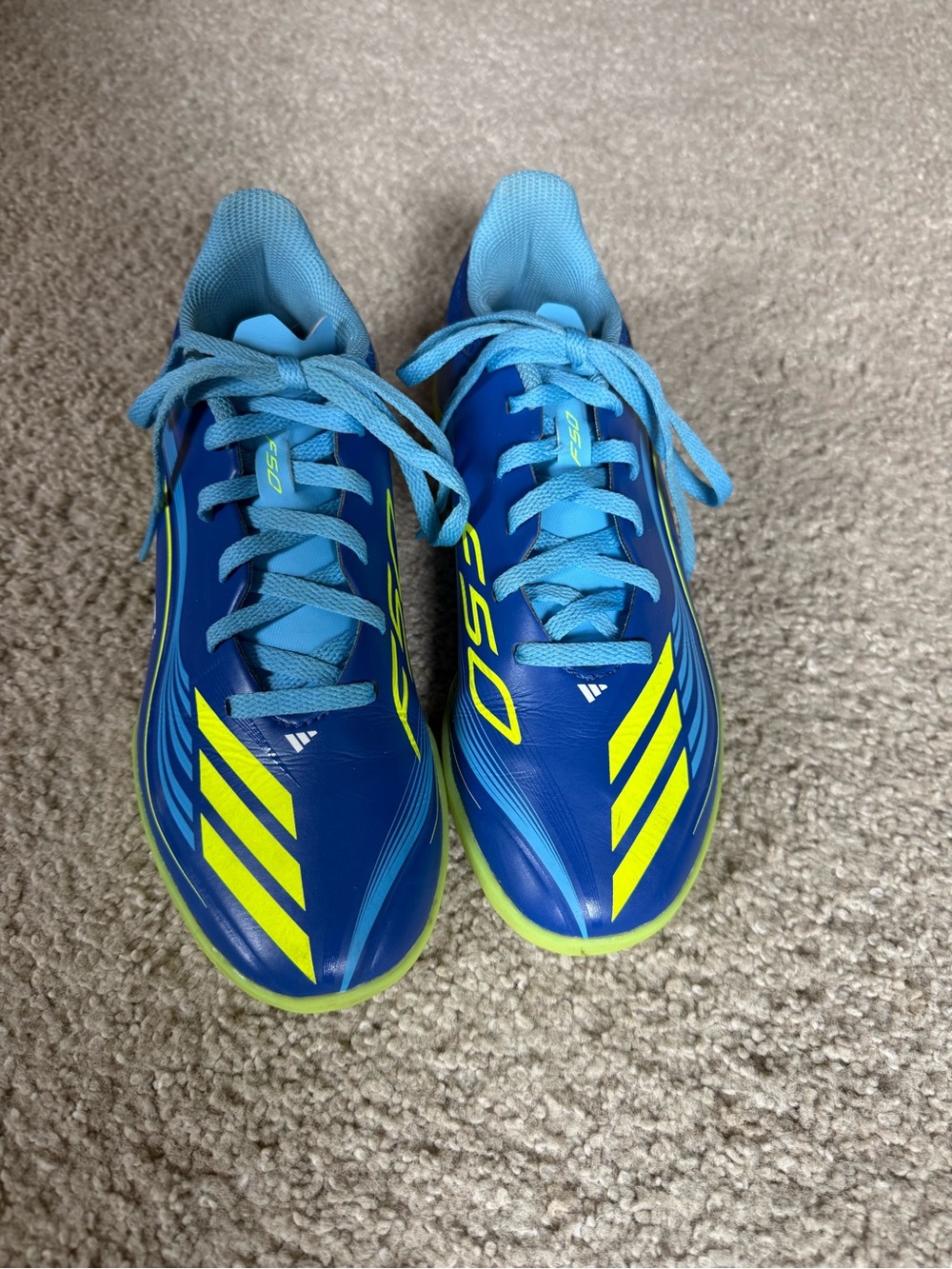 adidas Kids Bright Blue and Neon Yellow Indoor Soccer Cleats-Messi